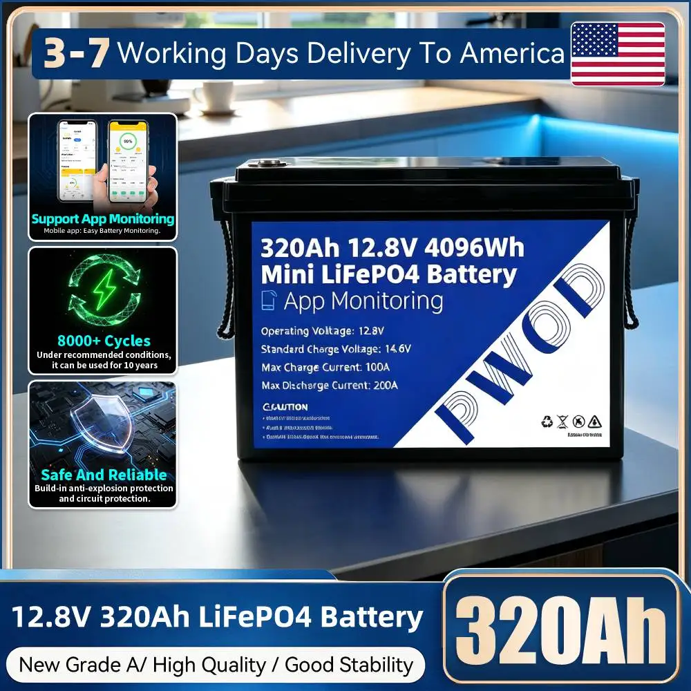 PWOD APP Monitoring 12V 320Ah LiFePO4 Battery Pack Built-in 4S 200A BMS 8000 Cycles Lithium Iron Phosphate Cell DIY 12V 48V For Solar Energy Storage Yacht Camper