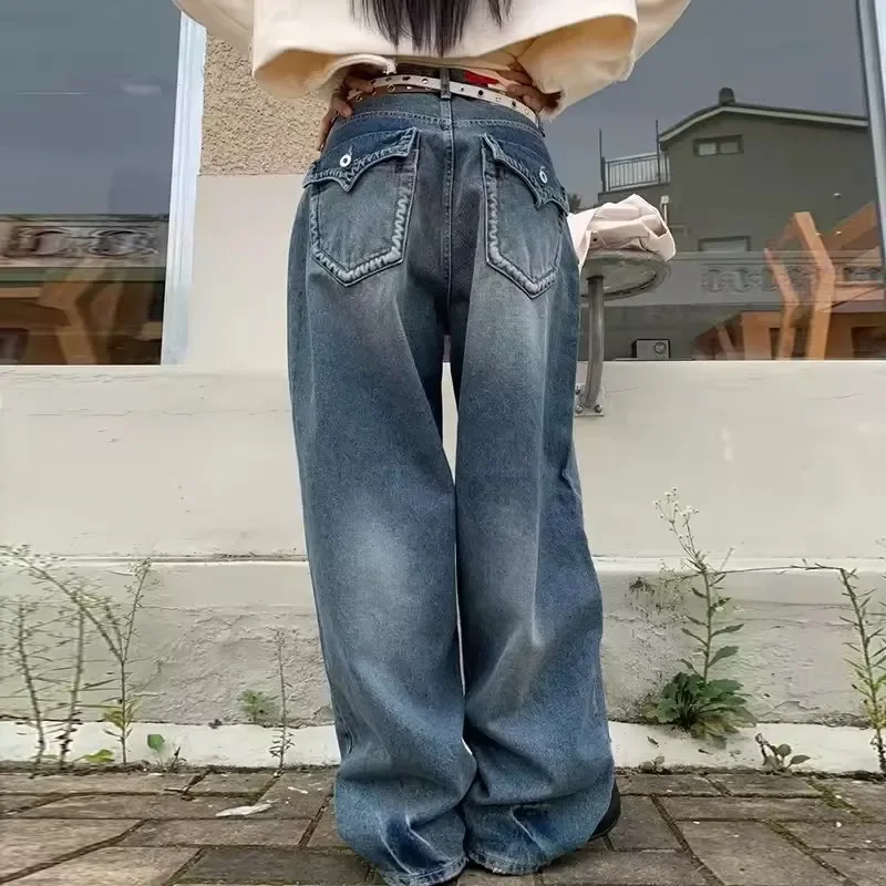 

Pop Pop Retro Back Pocket Design High Waist Denim Pants Women South Korea Chic Fall Wide Leg Casual Trousers Female