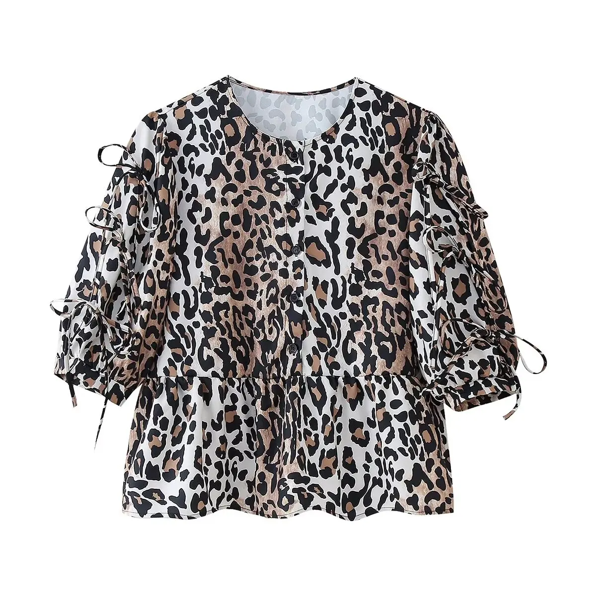 Tangada 2024 Women Summer Leopard Shirt Bow Puff Short Sleeve Female Blouse Tops CE085