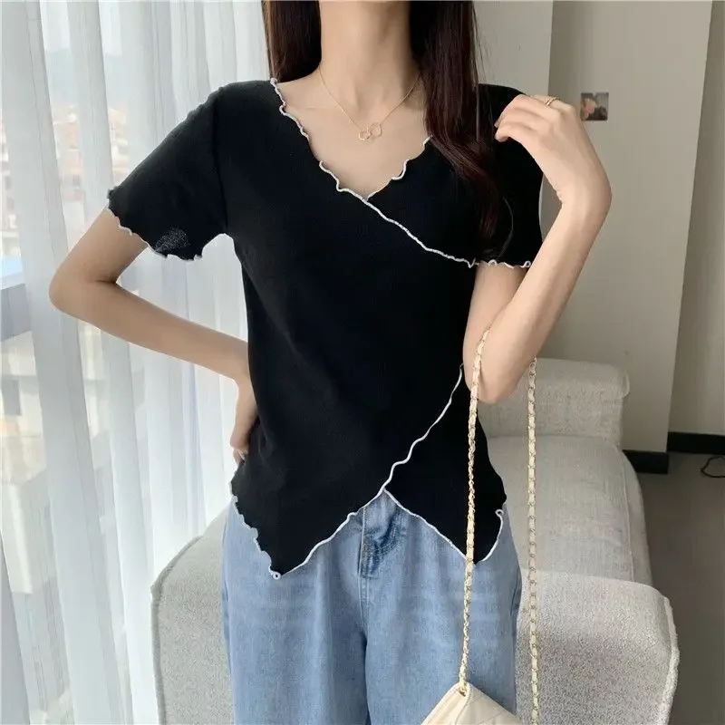 V-neck T-shirts Women Criss-cross Short Sleeve Edible Tree Fungus Korean Style Simple Slim Tops Hot Girls Casual Ins 3XL Stylish