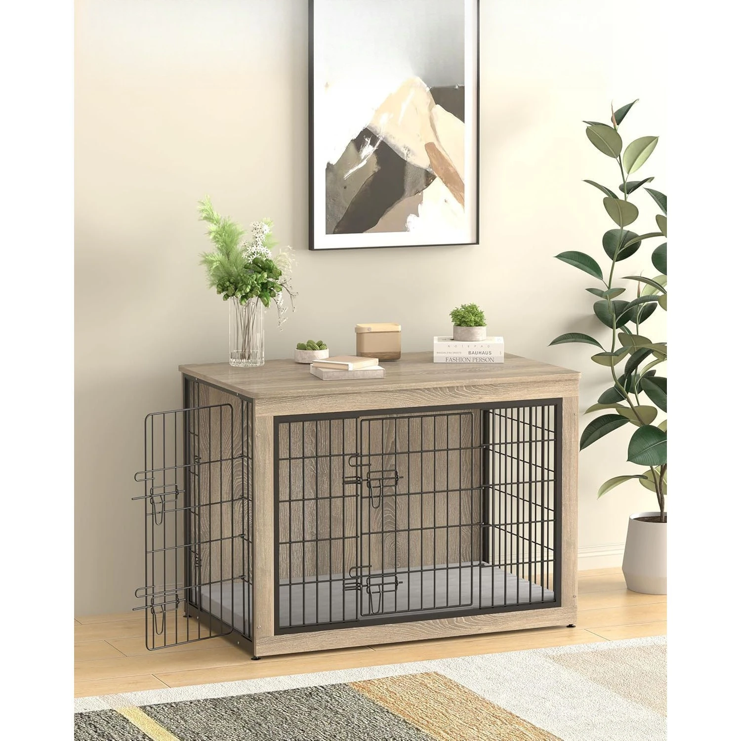 Wooden dog cage Household indoor small and medium dog cage Double door fence