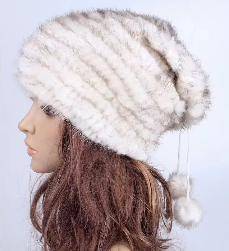 Women's Winter Real Mink Fur Hat Loose Long Vintage Style Hat Warm Cozy Retro Cap for Ladies