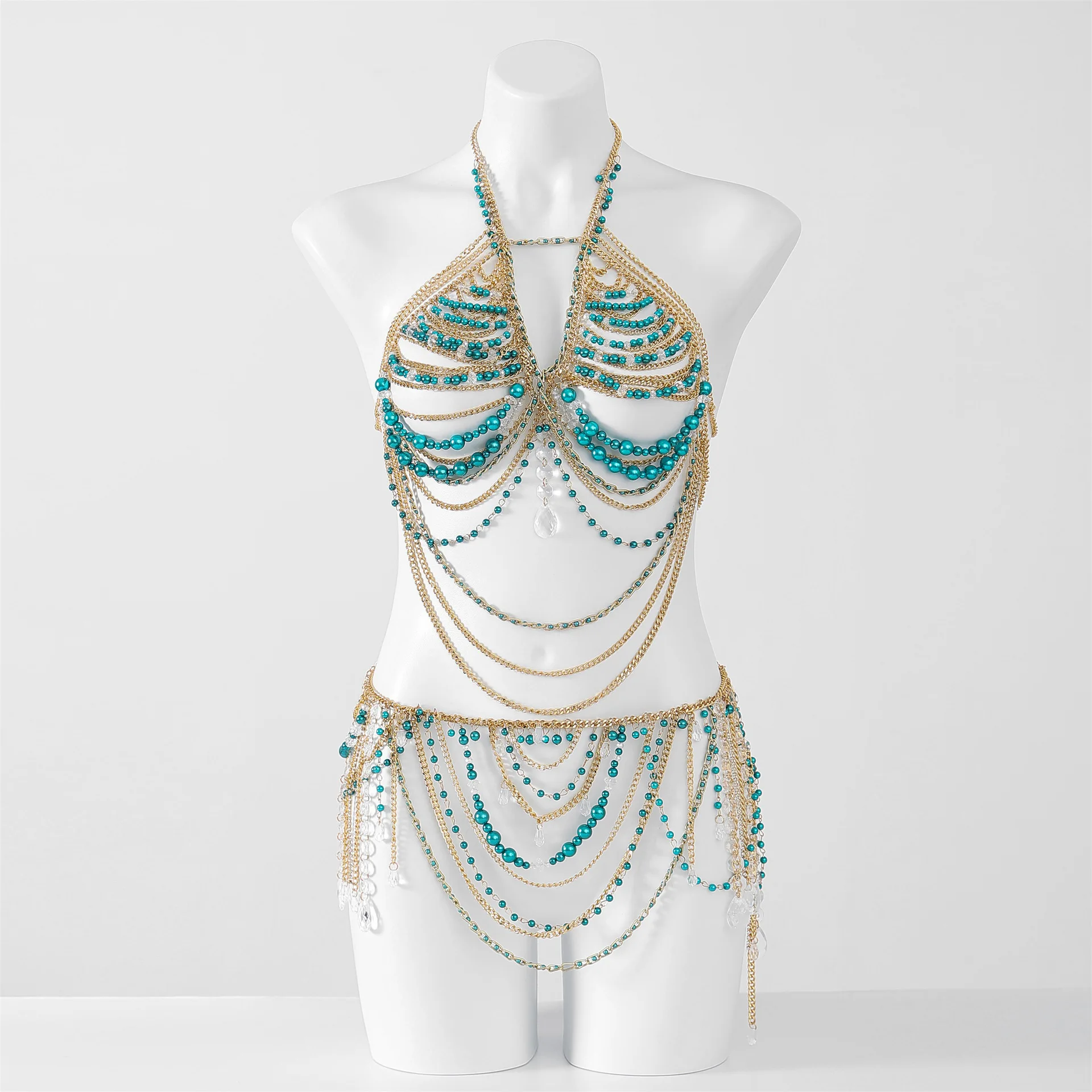 

Fashionable Casual Corset Heavy Industry Colorful Body Chain Pearl Bra Backless Hanging Neck Bead Strapless Half Skirt Trendy