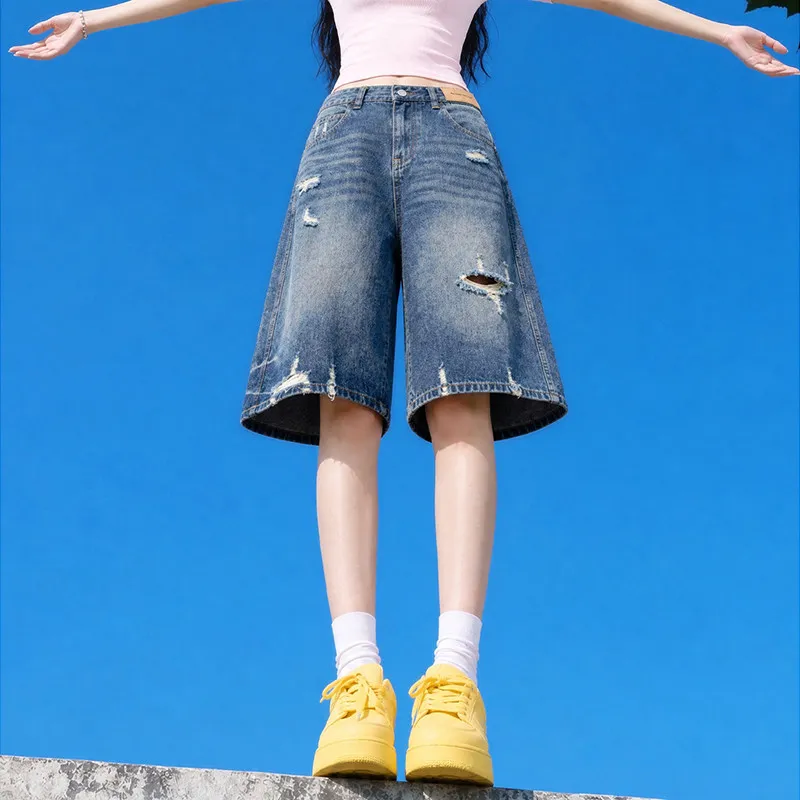 

American Style Hole Five Shorts Women's Denim Shorts High Waist Cotton Stretch Jeans Summer New Design Small Size Wide Leg