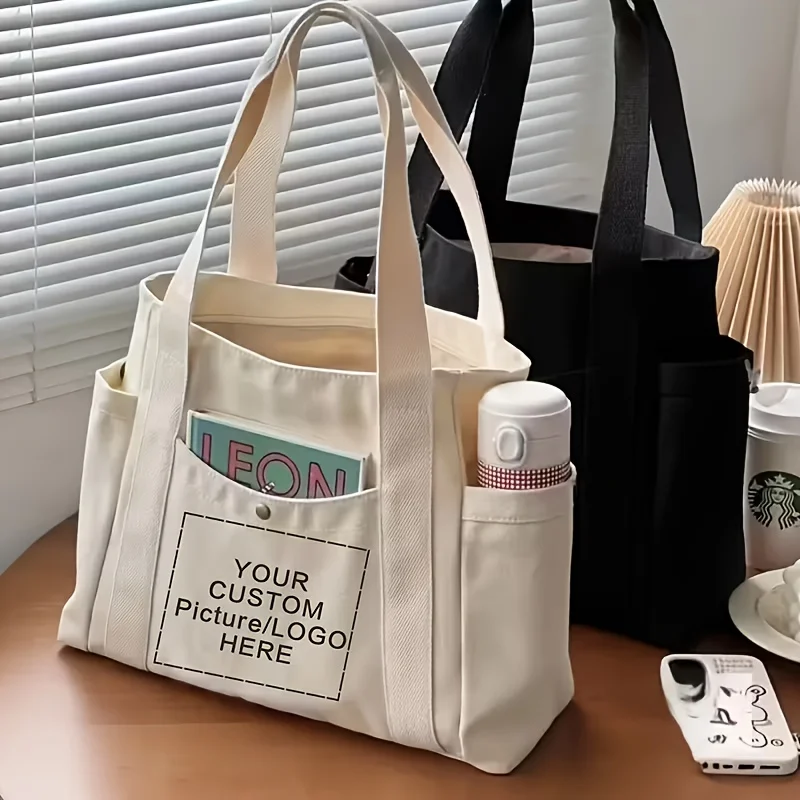 Personalized Custom Logo Photo Large Capacity Canvas Tote Bag Zipper Shoulder Handbag Travel Work Shopping Bag Christmas Gift