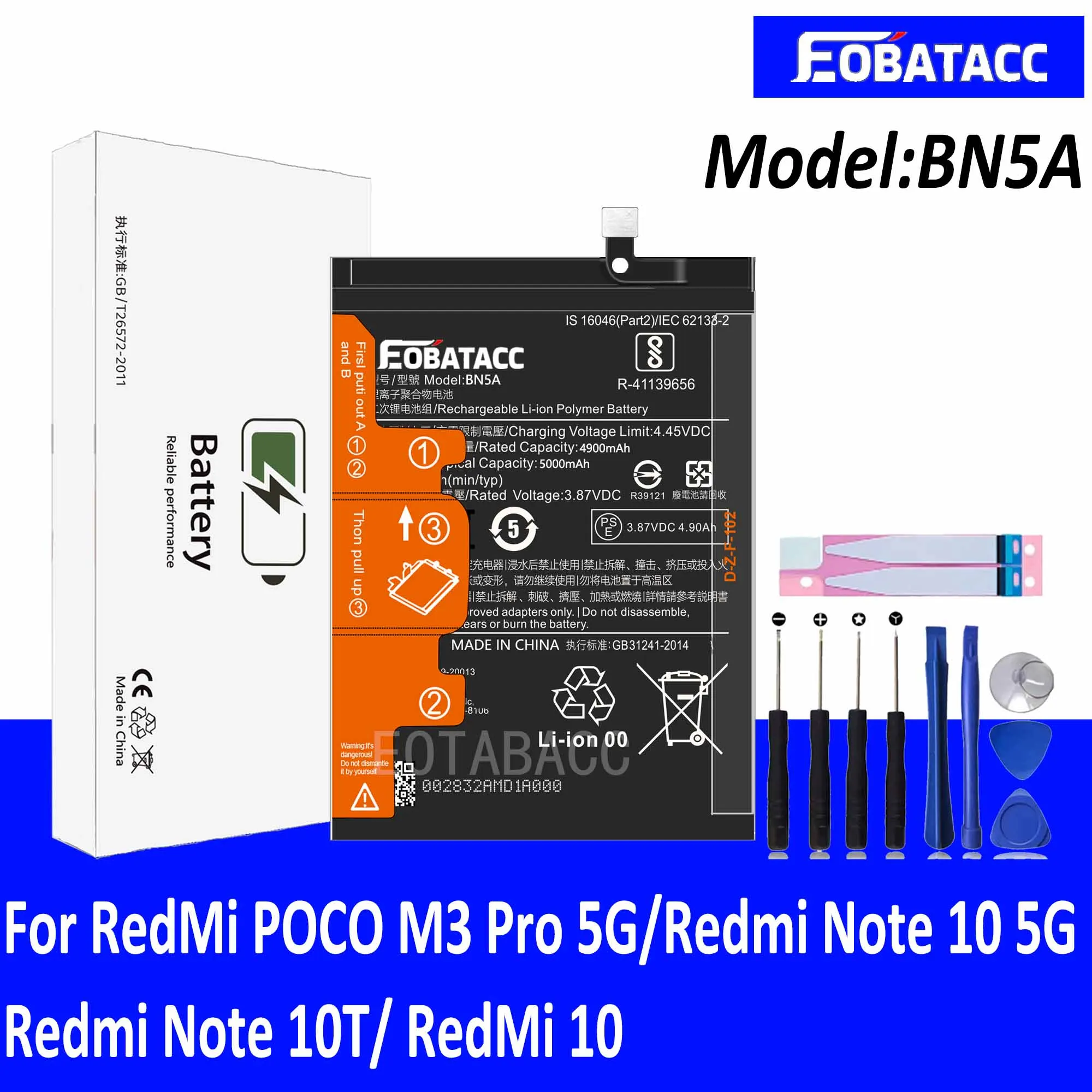 

EOTABACC 100% New Original Battery BN5A For XIAOMI POCO M3 Pro 5G/Redmi Note 10 5G/Redmi Note 10T/ RedMi 10Battery +Tools