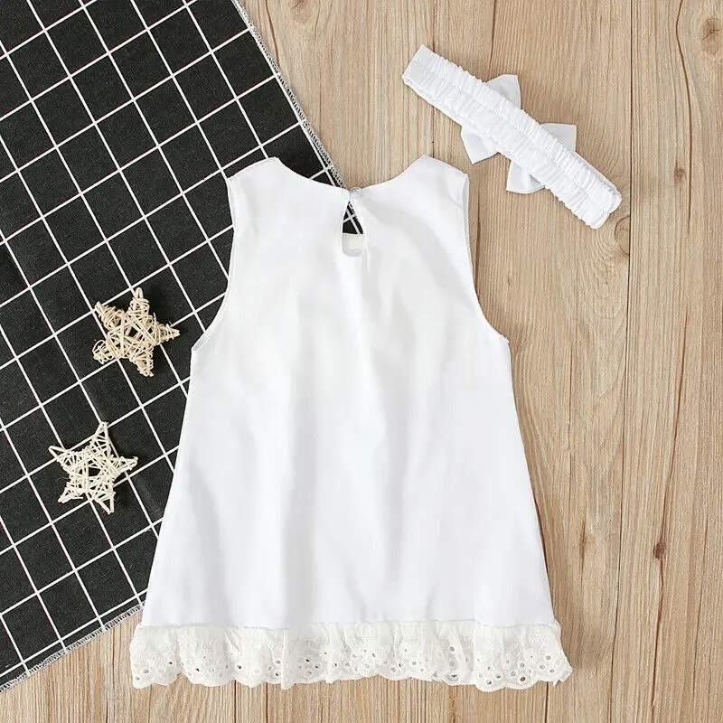 0-24 Months Newborn Infant Baby Girls Dress White Princess Lace Bowknot Sleeveless Dress Headband Clothes Outfit Sets