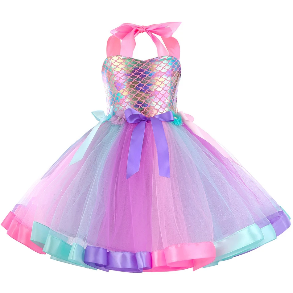 Girls Mermaid Tutu Dress Under the Sea Theme Birthday Party Halloween Cosplay Costumes with Flower Headband