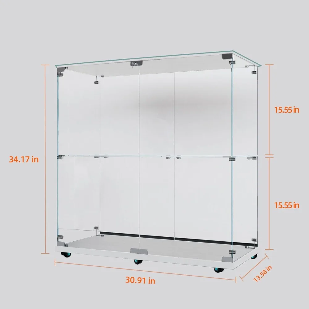 Modern Rolling Glass Curio Cabinet with LED Lights, 2 Doors, 2 Shelves, Lockable, 34.17 High