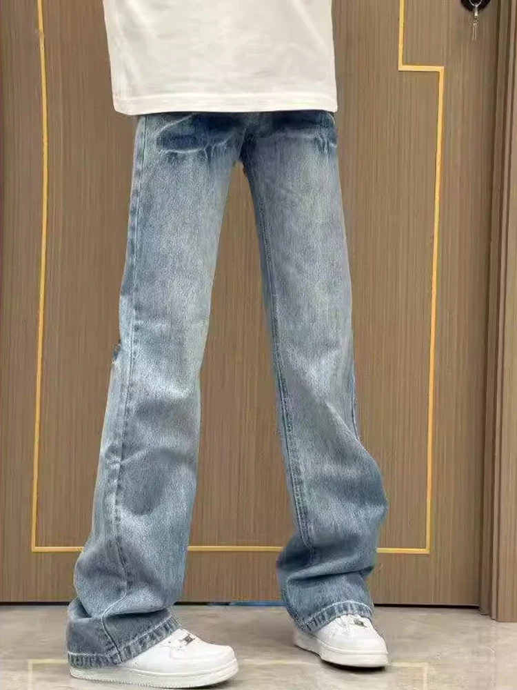 

Light Blue Lightning Pattern Straight Leg Jeans High Street American Vibe Clean Fit Bootcut Pants for Teenage Boys Spring Wear