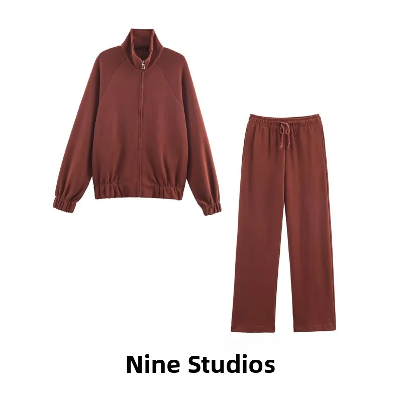 

Soft Zipper High Collar Sweatirt Top Straight Leg Pants Bot Set Women's Faion Autumn Outfit European Sle Long Sve