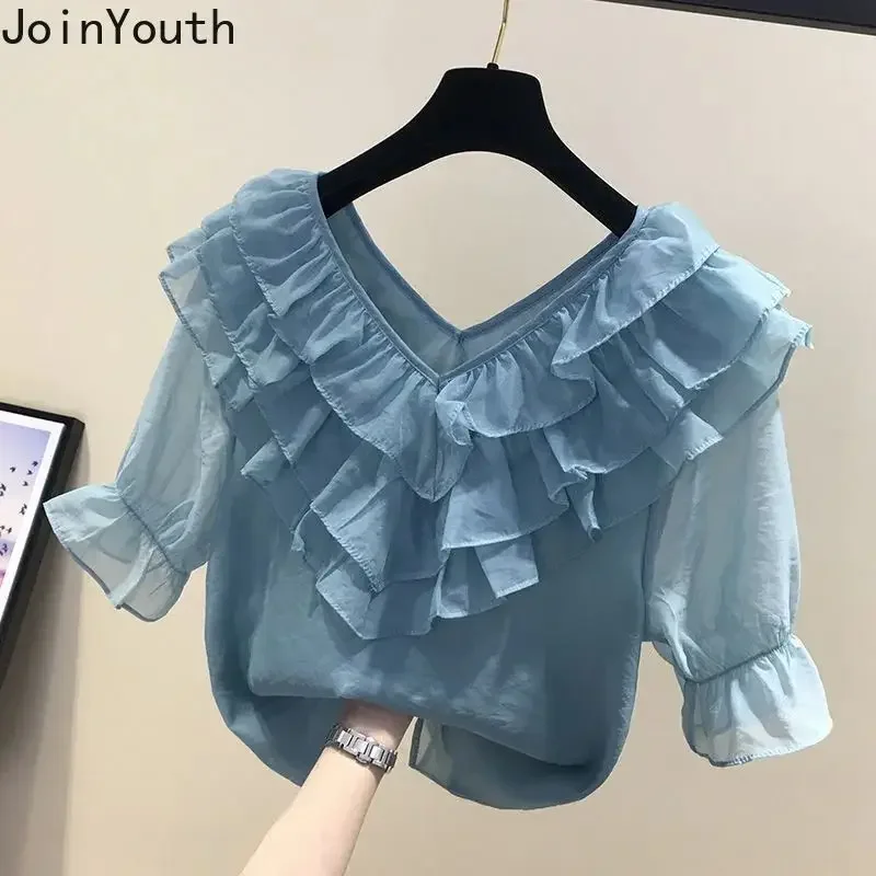 2024 Blusas Mujer De Moda Summer Blouses for Women Short Sleeve V-neck Korean Shirts Sweet Ruffles Chiffon Loose Blouse Tops