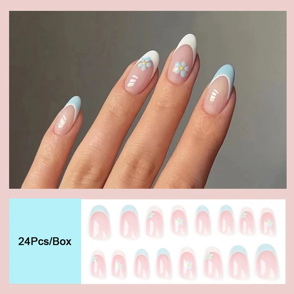 Blue White Fringe French Fake Nails With Design Cute Flower Oval False Nail Tips Round Head Nails Set Press On French Manicure