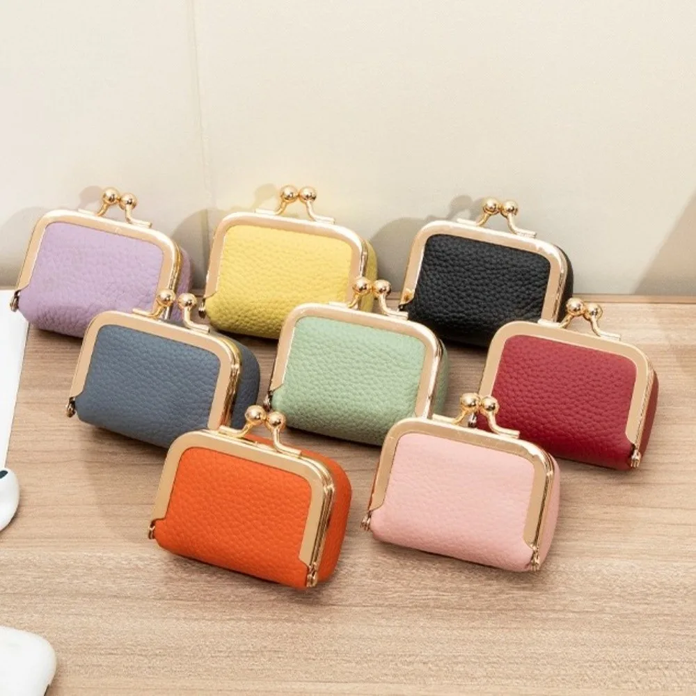 Simple Genuine Leather Kiss Lock Coin Purse Solid Color Multifunctional Leather Jewelry Bag Square Mini Small Item Bag Ring
