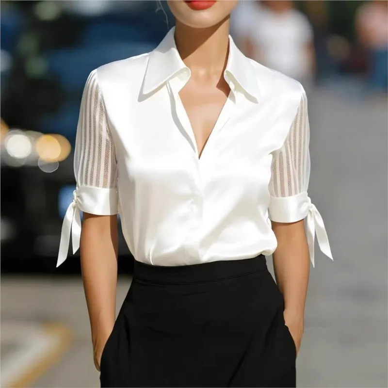 

Women's Satin Shirt Top Patchwork Gauze 2026 Spring Autumn Solid Color Versatile Lapel Short-sleeved Blouse Cardigan Office Lady