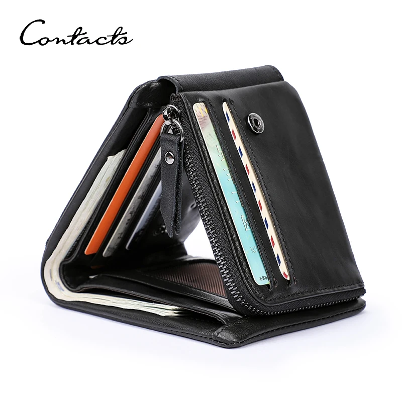 

CONTACT'S Genuine Leather Wallets For Men Vintage Trifold Hasp Wallet Zipper Coin Purse Card Holder Money Clip Men's Wallets