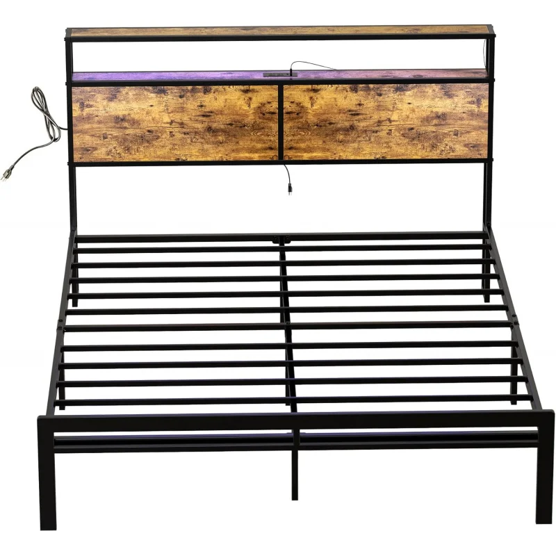 Queen Bed Frame with Storage Headboard LED Lights Platform Non-Slip Without Noise Mattress Foundation Strong Metal Slats S