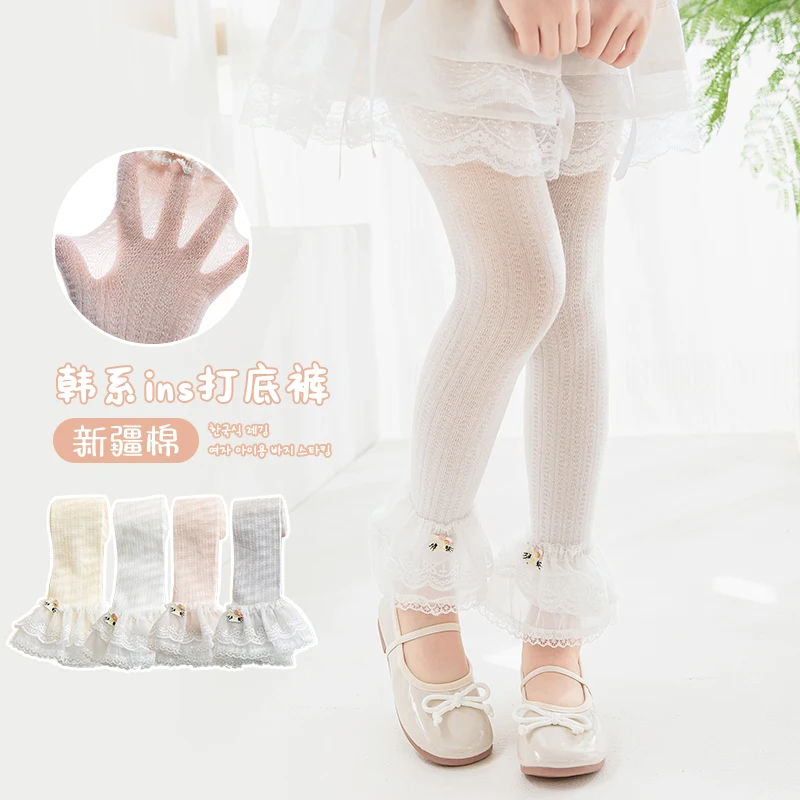 Princess style nine-point pants charming cartoon cat detail double embroidery large lace decoration stretch bottoms For Children