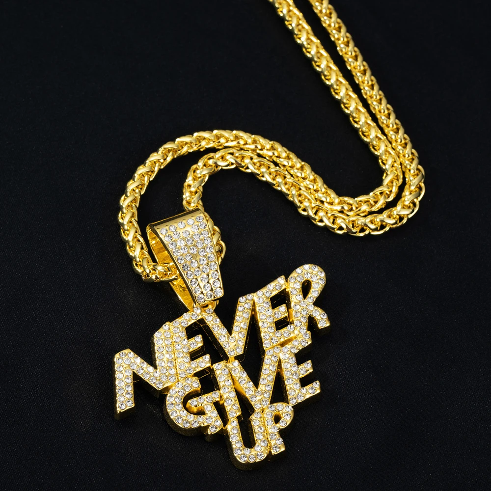 New Men Hip Hop NEVER GIVE UP Pendant Necklace Crystal Cuban Chain HipHop Iced Out Bling Necklaces Fashion Charm Women Jewelry