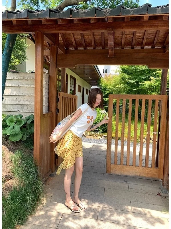 Yellow Asymmetrical Half-length Skirt Women's  Summer Draping Feathery Floral High-waist A-line Chiffon Short Skirt