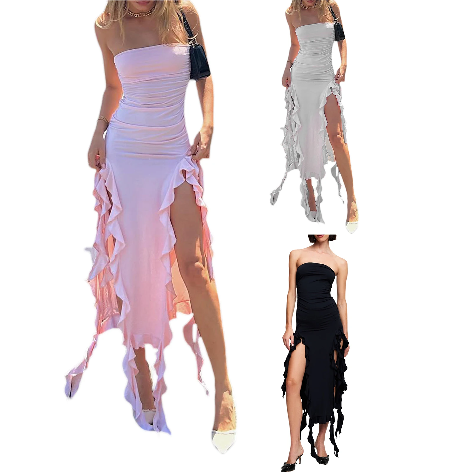 Women Strapless Ruffle Tube Dress Sexy 3D Floral Irregular Hem Split Bodycon High Slit Backless Party Dress