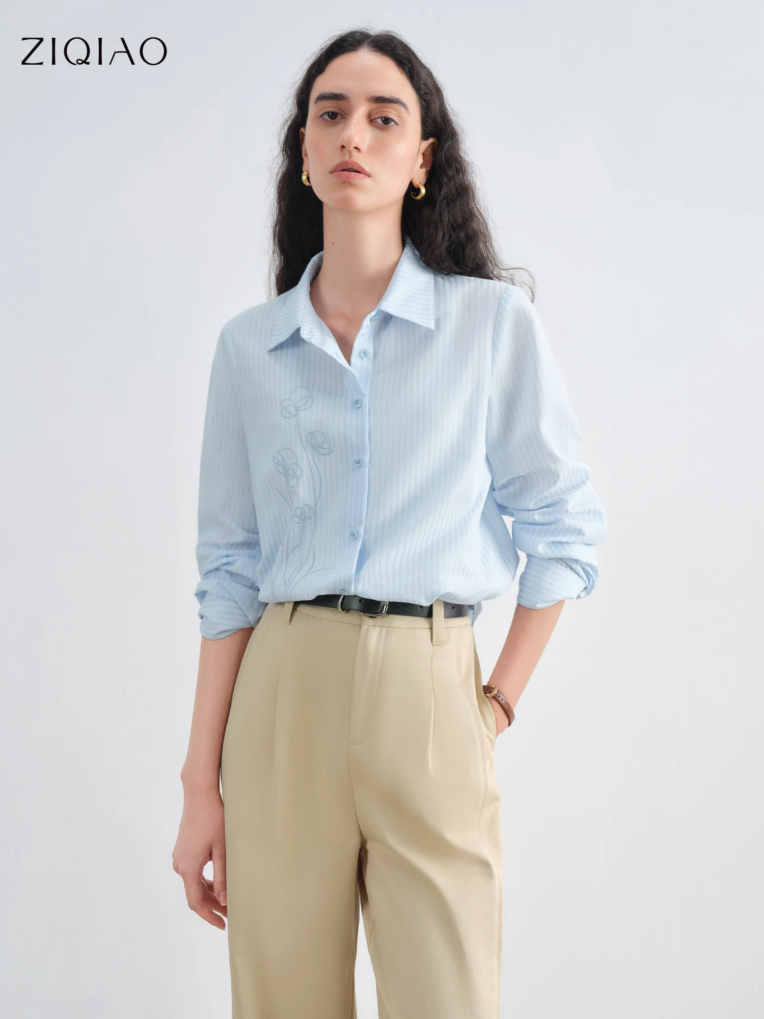 

ZIQIAO Minimalism Style Gentle Flower Embroidered Shirt For Women 2025 Autumn New Arrival Striped Shirt Design Top 25ZQ93134