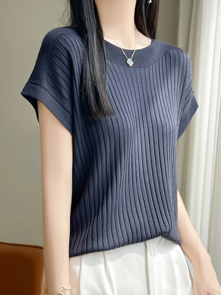 Ice Silk Knitted Short Sleeve T-Shirt Women's Spring Summer Lightweight Loose Fit Versatile Top Pure Color Soft Fabric