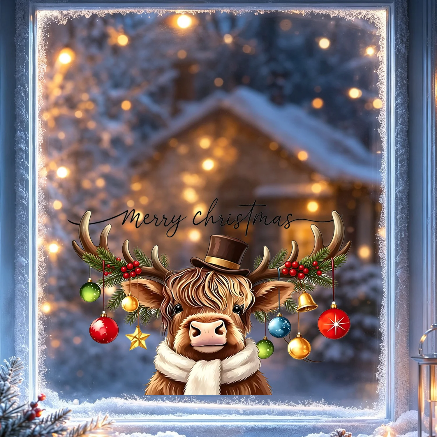 1pc Christmas Highland Cow Window Sticker,suitable for cabinet, glass door, window,wall decor