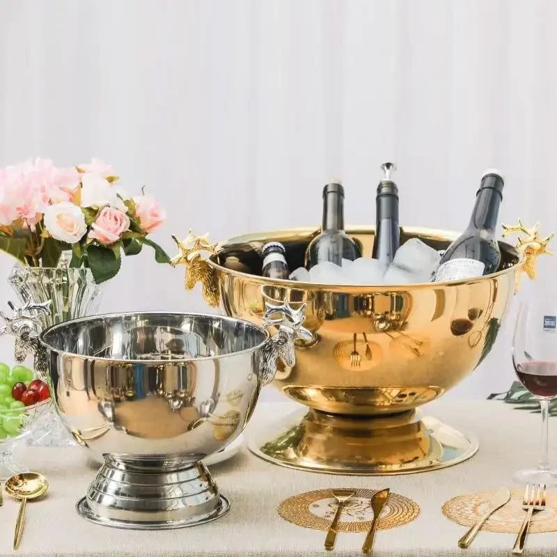 

Bucket Large Ice Cream Bowl Salad Dessert Serving Tools Stainless Steel Ice Bucket Metal Beer Barrel Champagne Wine Large Ice