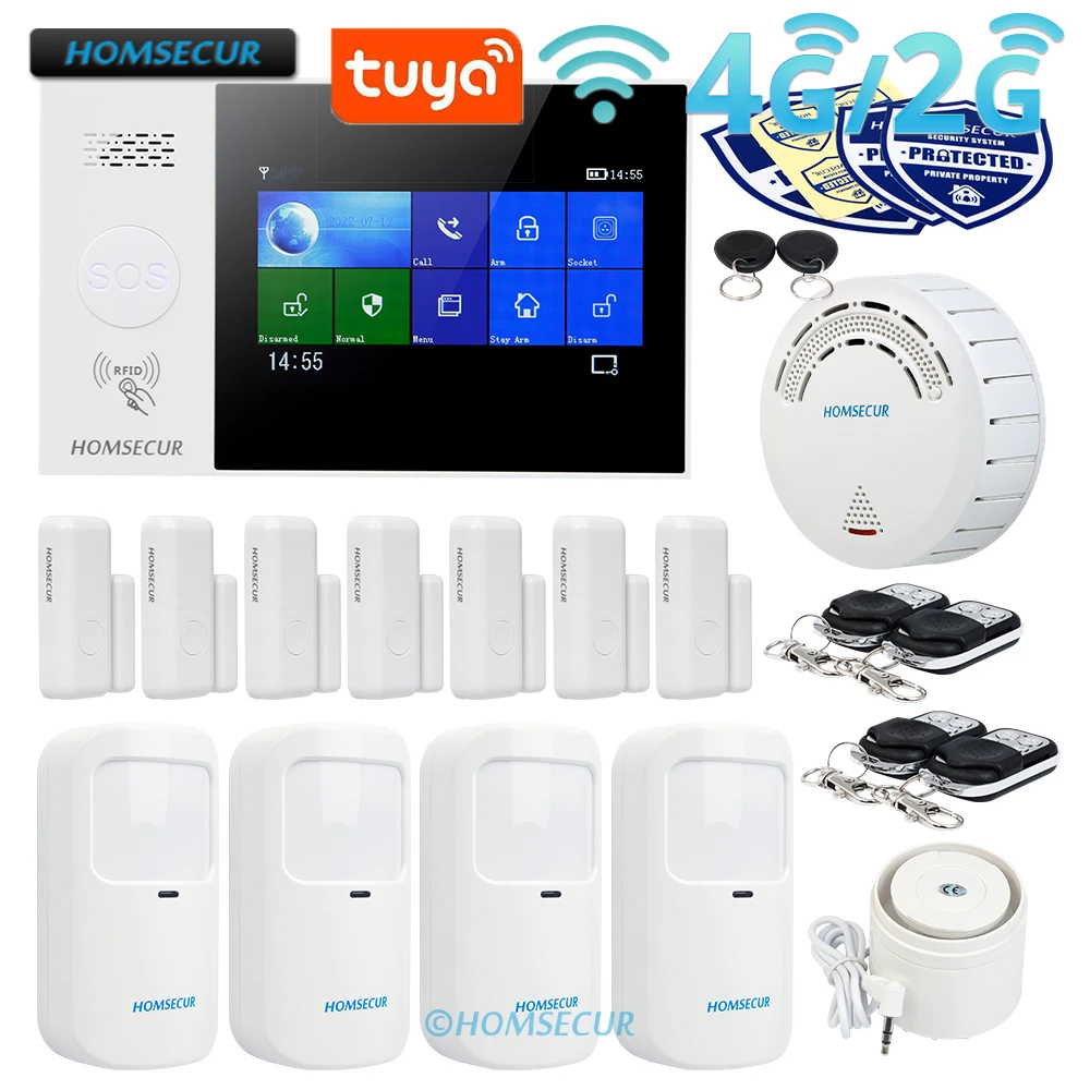 

HOMSECUR Wireless Tuya APP WIFI 4G RFID Home Security Alarm System 433MHz+Pet-Immune/Friendly PIR Motion Sensor Smoke Detector