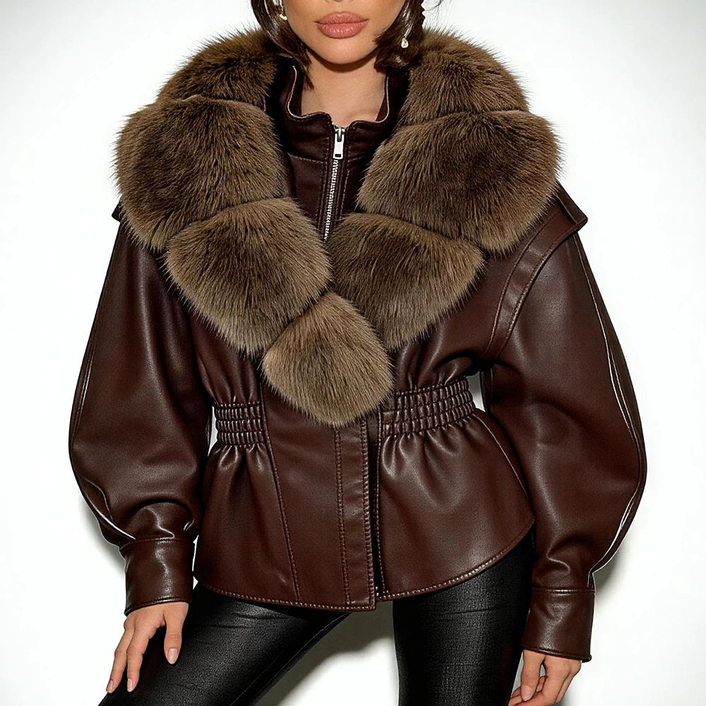 OFTBUY Neue Damen-Kunstlederjacke mit Übergroßem Kunstfuchsfell, Elastischem Bund und Puffärmeln - Luxuriöse Warme Winteroberbekleidung – Detail 11