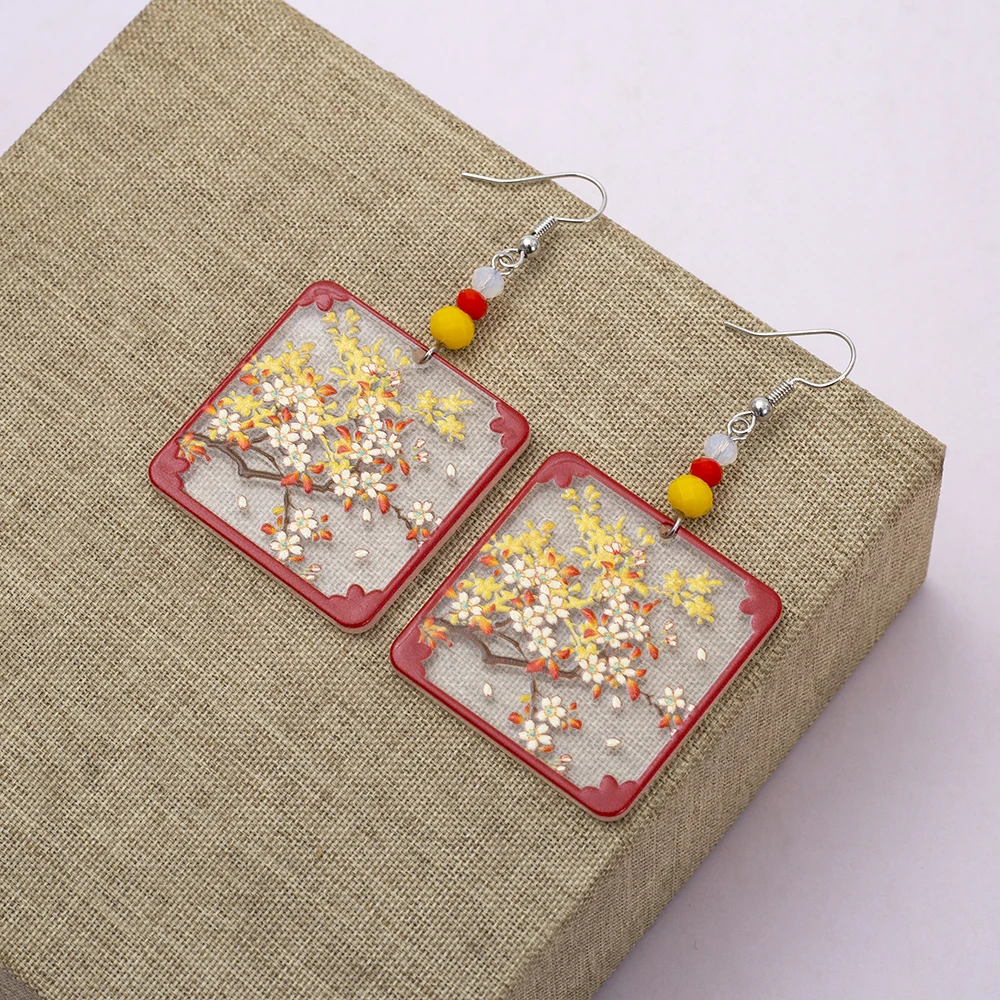 Fashion Ethnic Style Branches Flower Translucent Geometric Square Earrings Acrylic  For Women Vintage Color Matching Red Jewelry