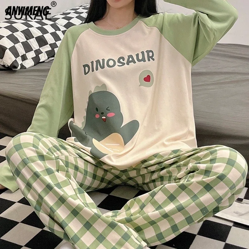 SUKAE Autumn Spring New Women Pajamas Casual Loungewear Long Sleeves Pullover Sleepwear Girl Pijama Korean 2 Pieces Set Homesuit