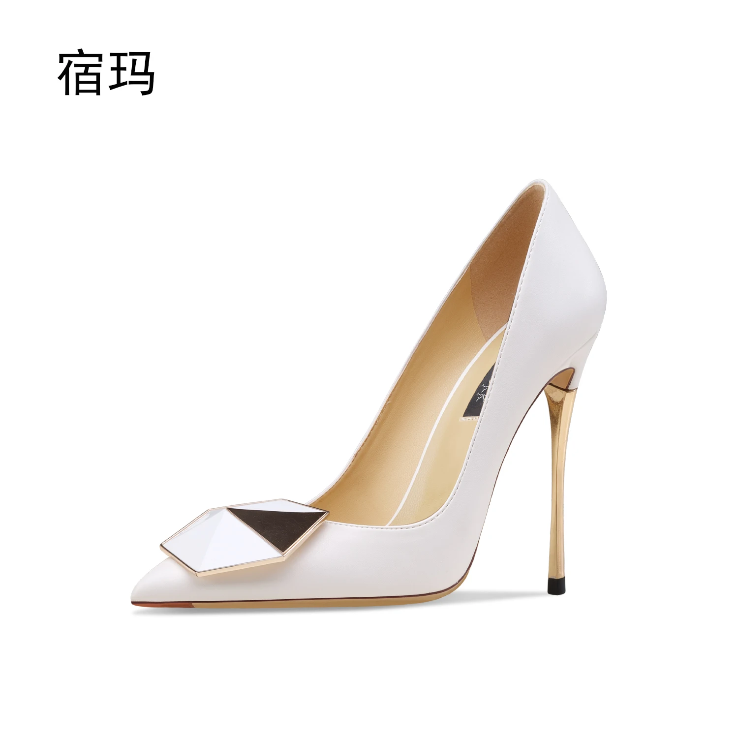 Real Leather Women Pointed Toe Stiletto High Heels Metal Button Party Pumps Lady Formal Dress Shoes Thin Heel Women\'s Shoes 6cm