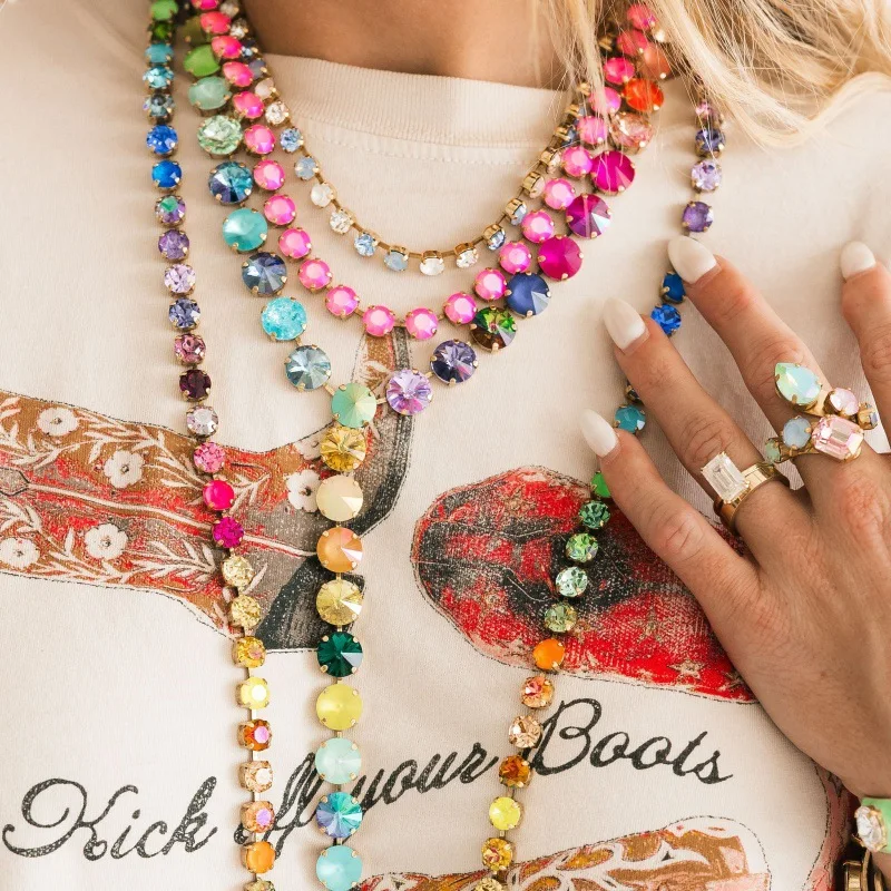 Vintage Baroque Rainbow Round Gemstone Clavicle Chain Gold Plated Colorful Claw Diamond Necklace Sweet Cool Atmosphere