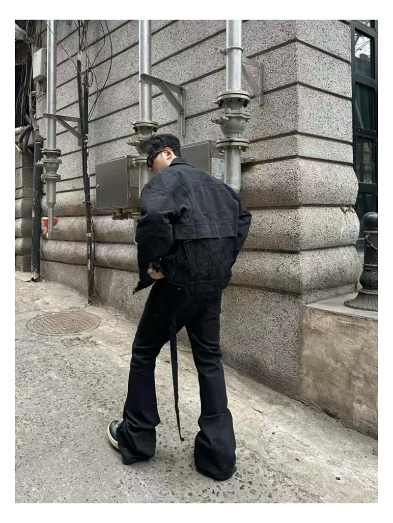 High Street RO-stijl 25SS lange broek heren zwart grijze coating geborstelde was vijfsterren luifellint afslankende micro-trompetjeans