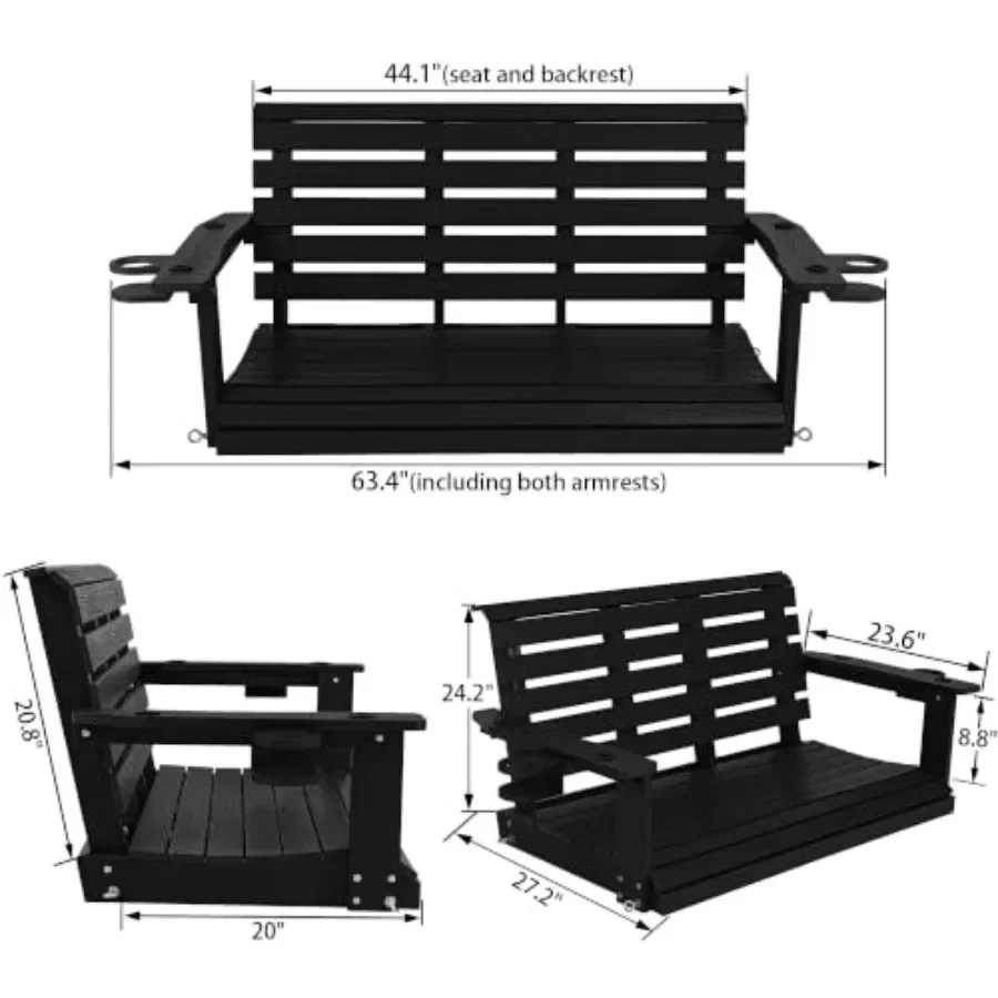 Porch Swing for Outdoor Use, Poly Lumber Material, Gray Color, Weather-resistant with Foldable Cup Holders and High Backrest