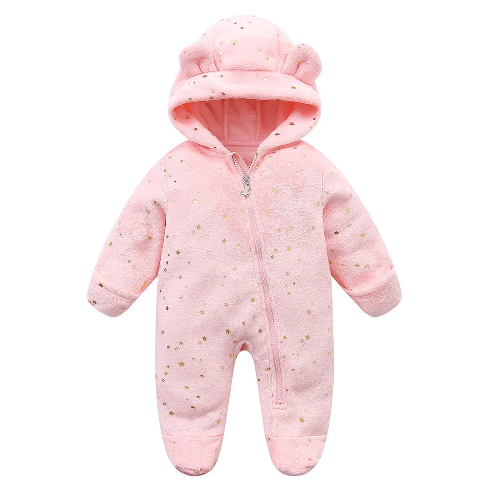 UNIFEMEN Autumn Winter Newborn Baby Overalls Plus Velvet Hooded Kids Baby Girl Rompers 0-1 Years Toddler Boy Jumpsuit Outfits