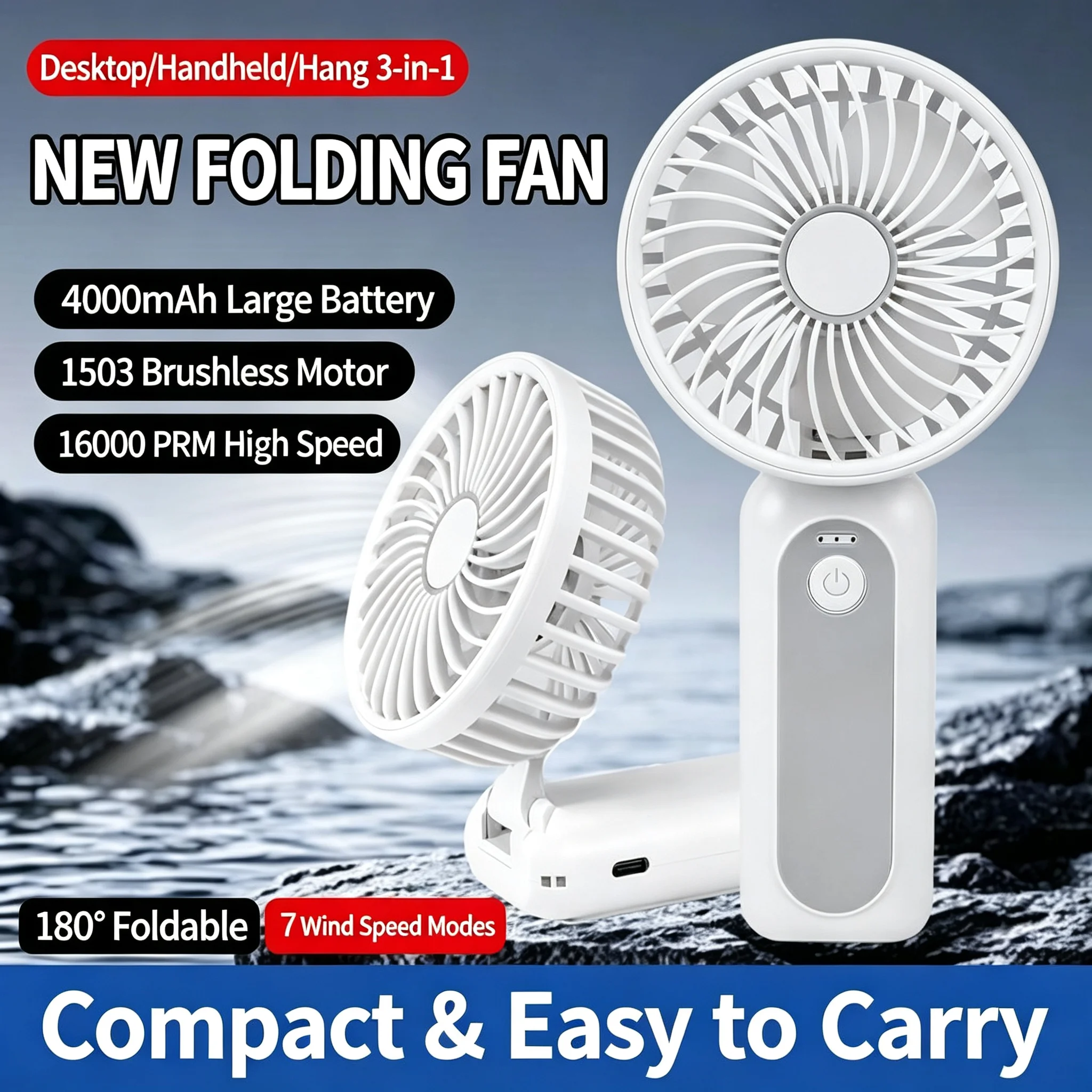 M2 Mini Handheld Fan, 1503 Brushless Motor, 4000mAh Rechargeable Battery, 7-Speed Strong Airflow for Summer Outdoor Travel