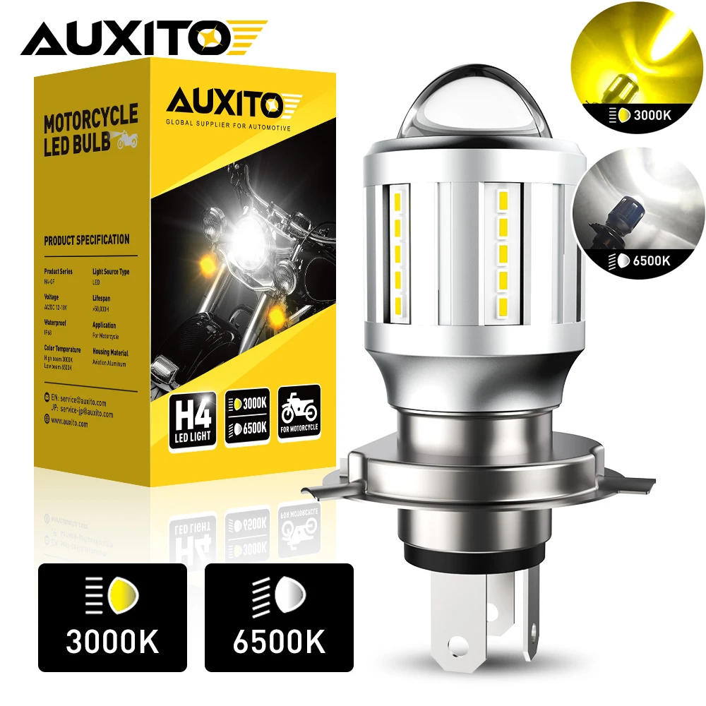 AUXITO H4 Motorcycle Hi/Lo Beam LED Headlights Bulbs Plug&Play Motorbike Replace Halogen Lamp 6500K White 3000K Yellow High/Low
