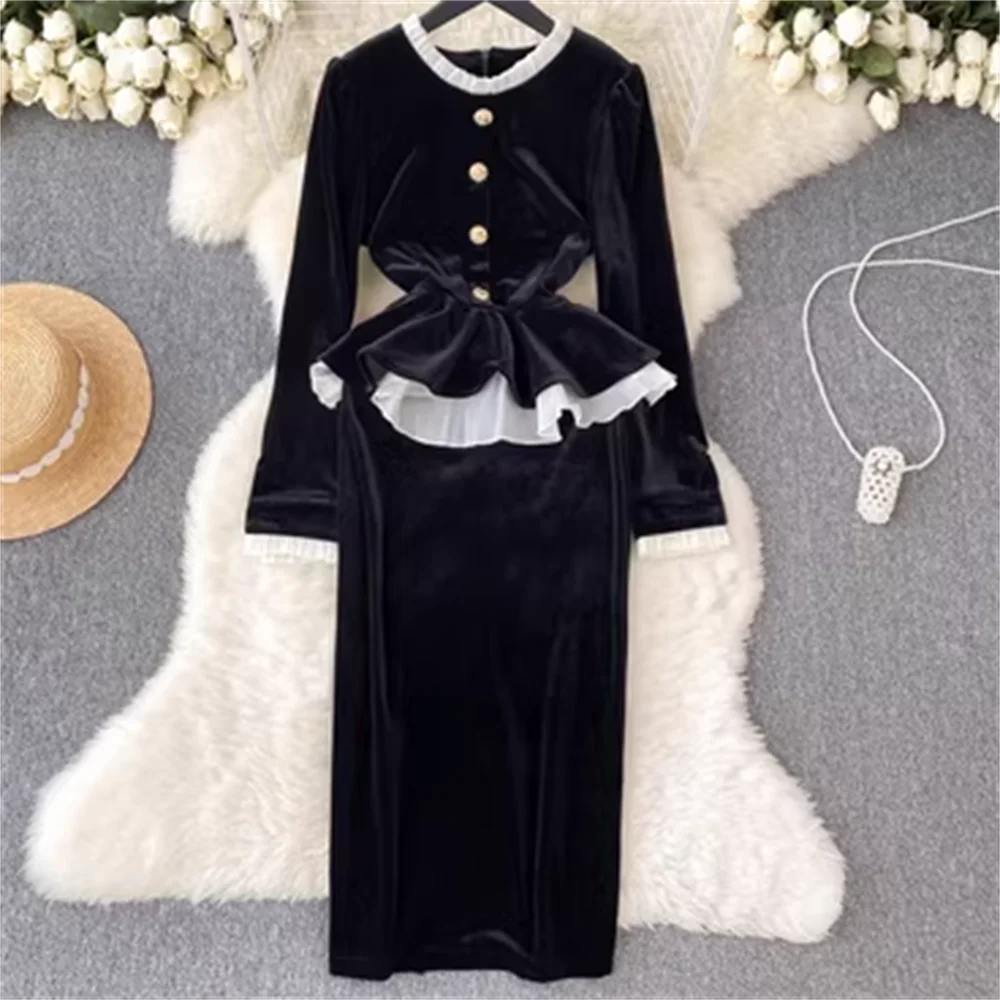 

Splice black dresses body dress ladies velvet vintage dress