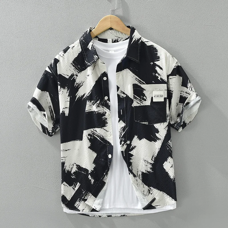 

Casual Men's Short Sleeve Bubble Shirt Summer New Style Color Block Design Printed Loose Fit Shirt Polyester Fiber 100%