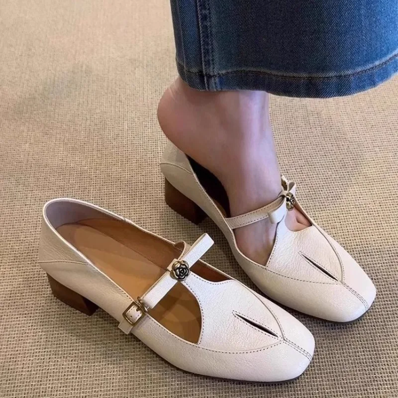 

Retro Women's Shoes Exquisite Genuine Leather Square Head High Heels for Woman French Casual Shoes Designer Shoes Zapatos Mujer