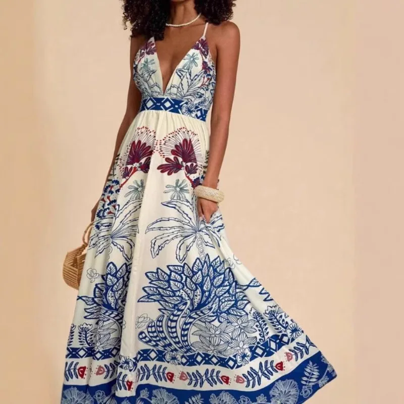 

2025 европейско-американское женское платье с цветочным принтом, сексуальный элегантный костюм без рукавов на заказ