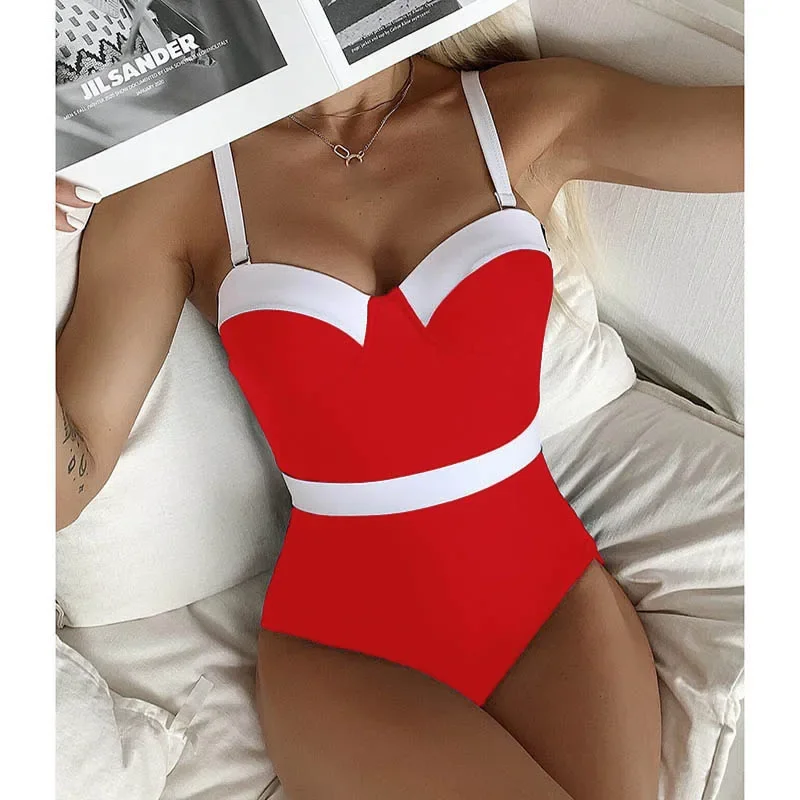 2024 New Push Up Swimsuit One Piece Patchwork Swimwear Women Sexy Underwire Bodysuit Monokini Women Bathing Suits Swimming Suits