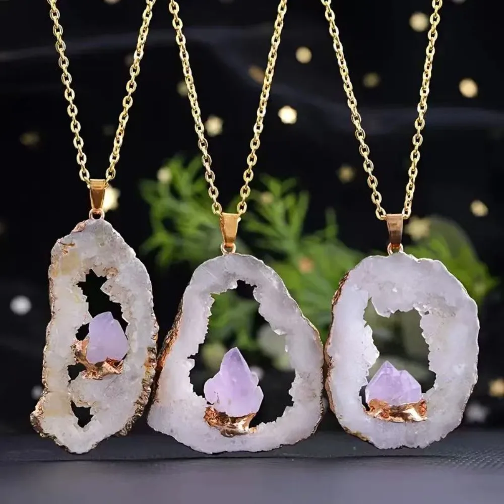

Geode Slice Natural Crystal Pendants, Gold Plated Druzy Stone Charms for DIY Jewelry Making