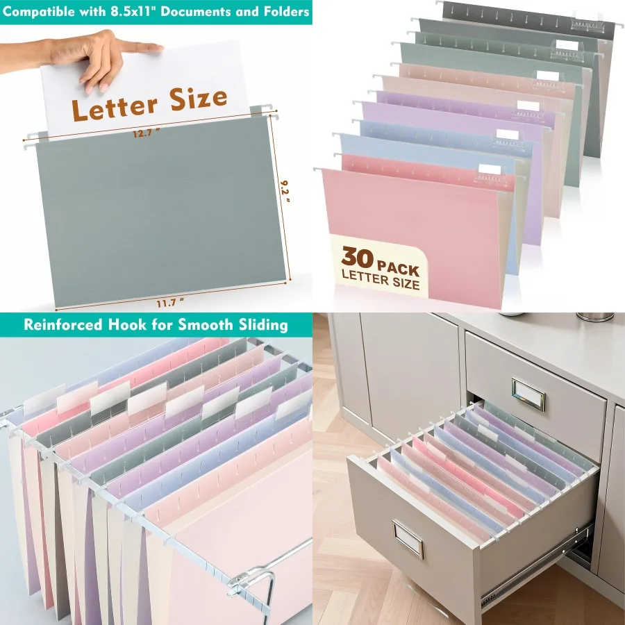 

Пастельные подвесные папки для файлов формата Letter, упаковка из 30 штук с вырезанными язычками для эффективной организации офиса, идеально подходит для шкафов для хранения документов B