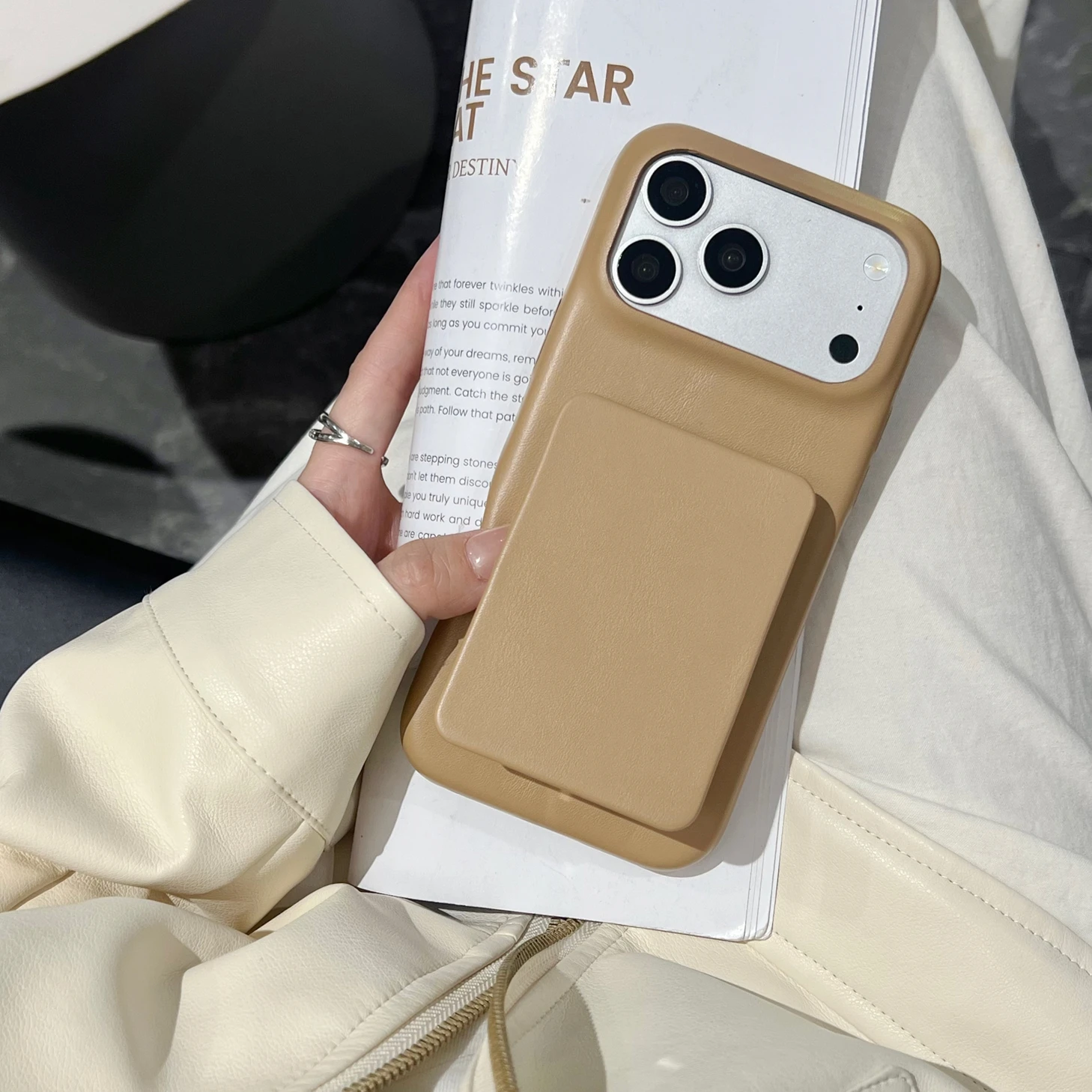Fashion Retro Maillard Dark Color Leather Imitation Cover Case For iPhone 17 16 15 14 13 Pro Max with Flip-up Mirror Holder view 3