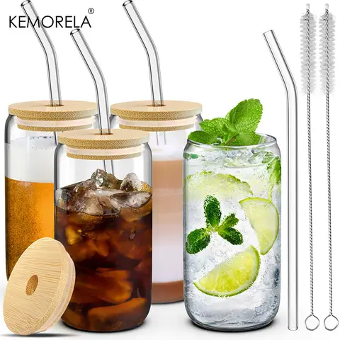 1/4Pcs 나무 뚜껑과 밀짚 주스 음료 맥주 머그잔 커피 우유 투명한 물 컵과 400ML 유리 컵 파티에 적합