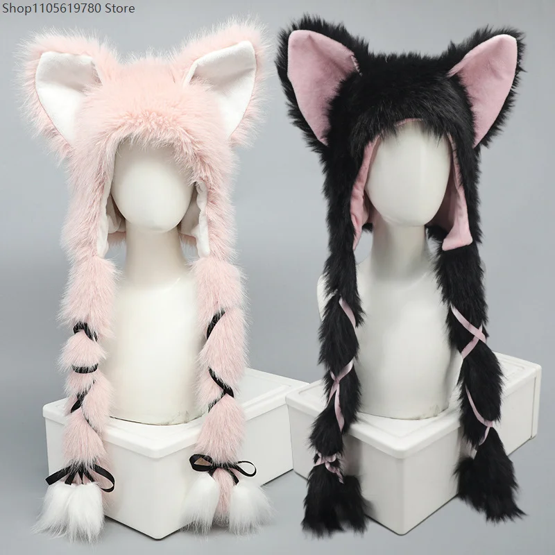 Fluffy Plush Fox Cat Ear Headwear Fursuit Kigurumi Warm Ear Protection Hat Y2K Halloween Comic Party Cosplay Dress Up Accessory